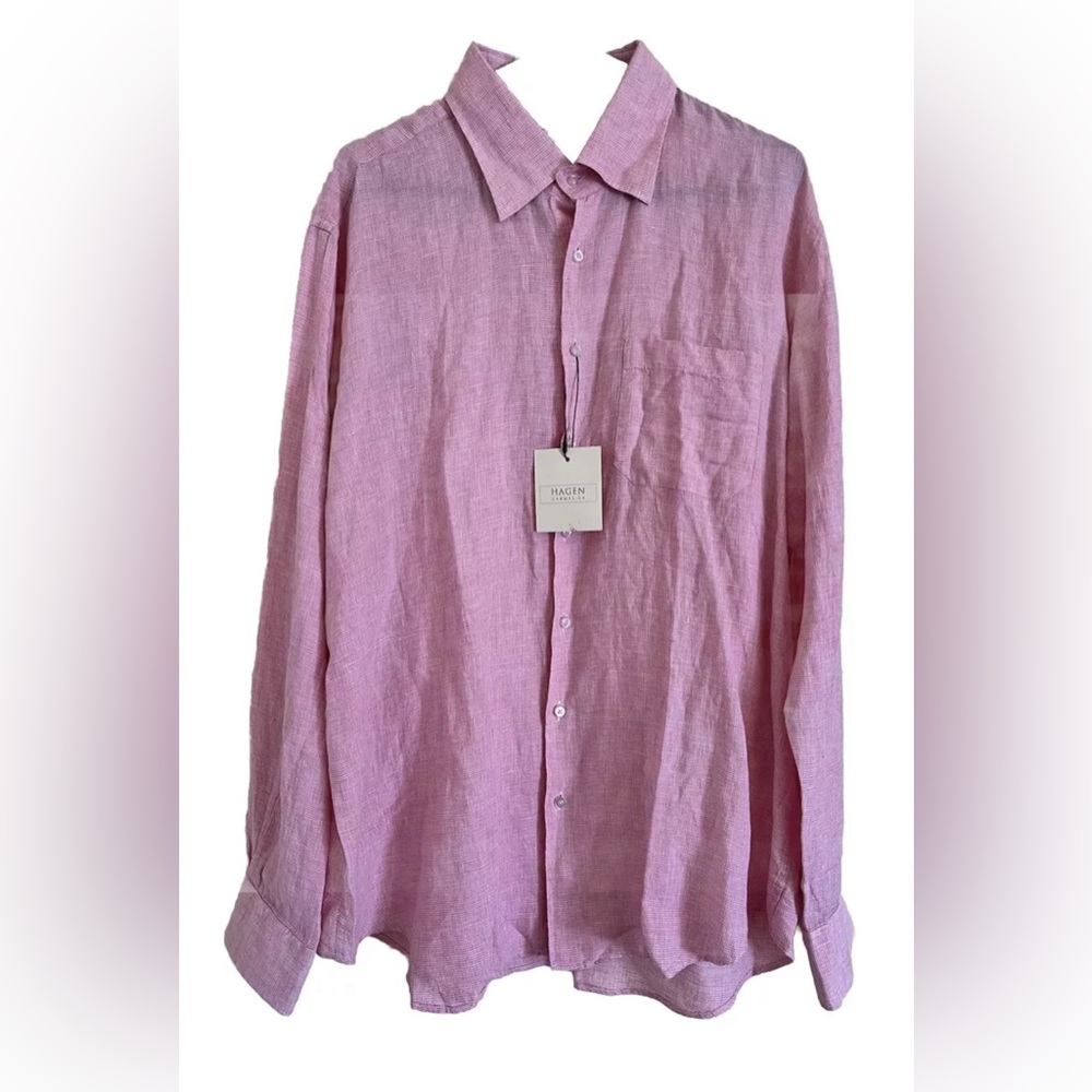 HAGEN CARMEL Men's XL Long Sleeve Plaid Shirt Classic Fit 100% Linen NWT